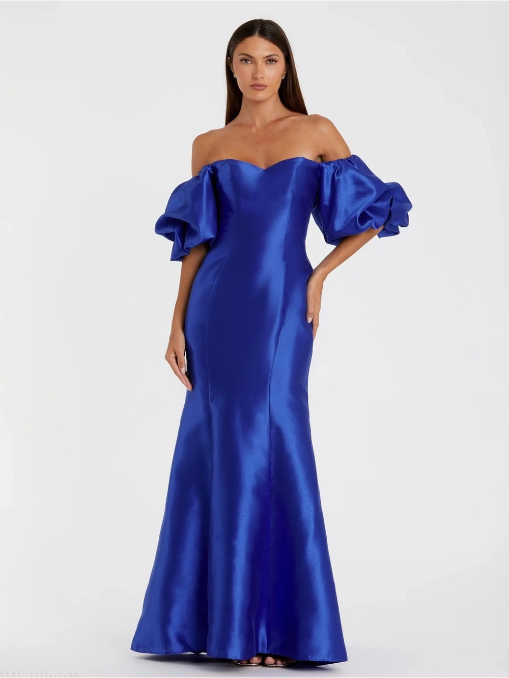Mac Duggal Sweetheart Off The Shoulder Puff Sleeve Satin Gown in Royal Blue